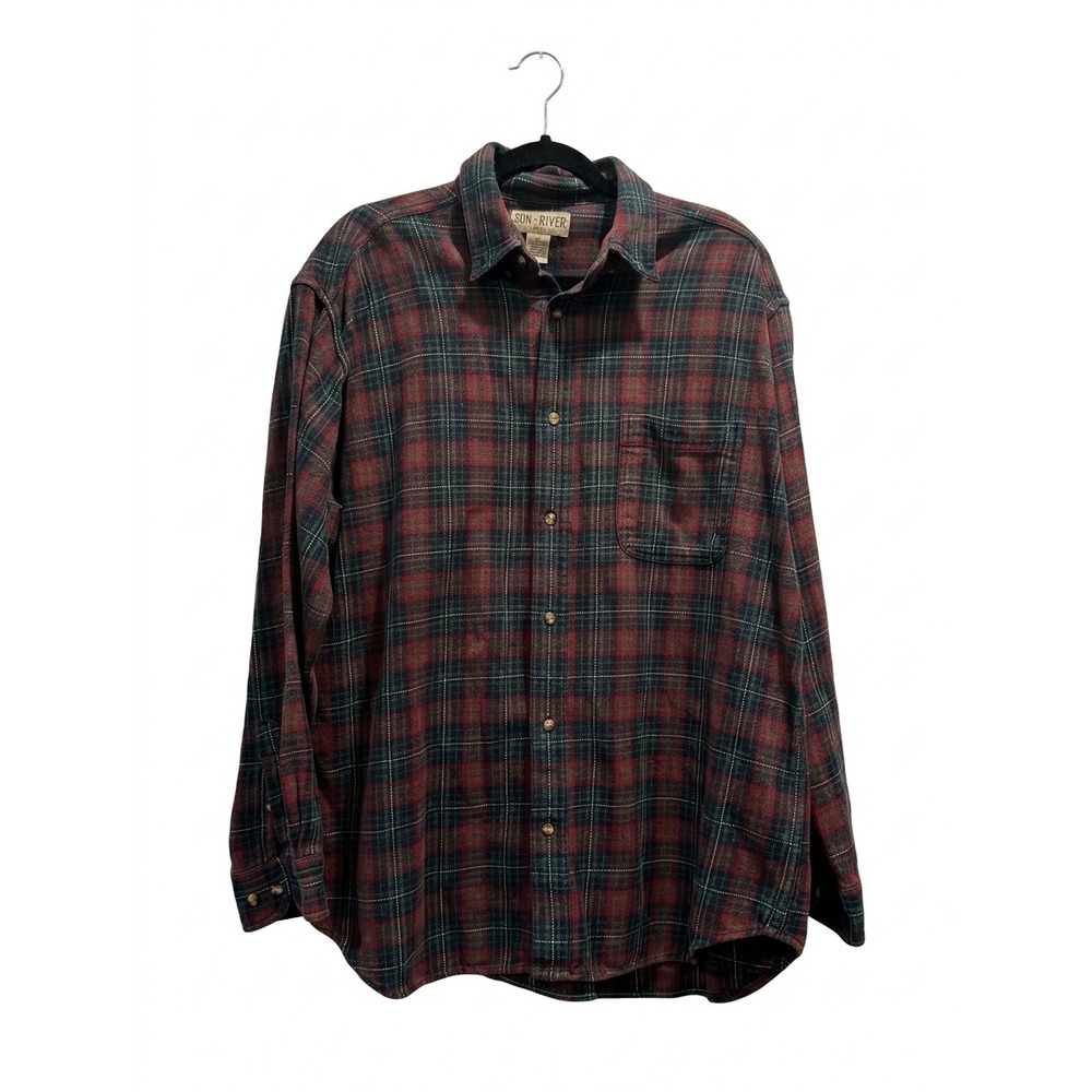 Sun River Khakis Mens XL Flannel Shirt Plaid Long Sleeve Cotton Burgundy Green